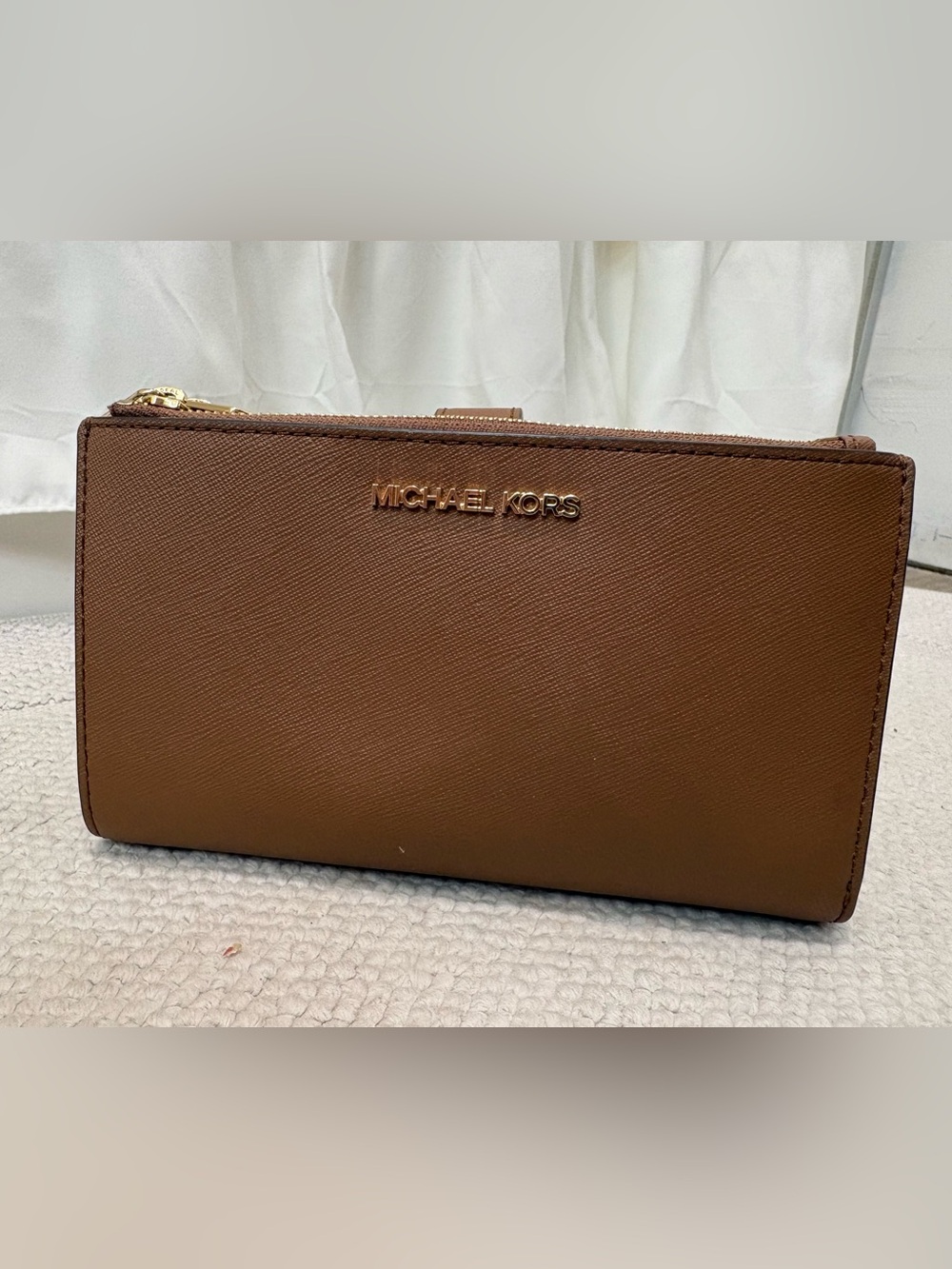 Michael Kors Brown Saffiano Leather Double Zip Wristlet Wallet -Holds Phone